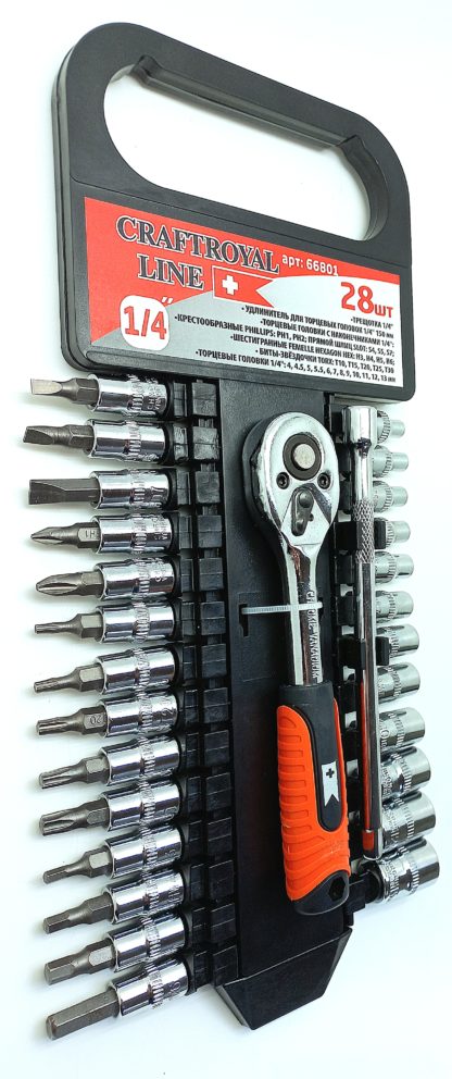 Набор головок + биты 28 предм. 1/4 " с трещоткой и удлинителем 150 мм CraftRoyal  №66801