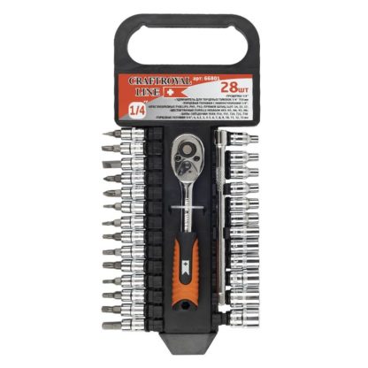 Набор головок + биты 28 предм. 1/4 " с трещоткой и удлинителем 150 мм CraftRoyal №66801